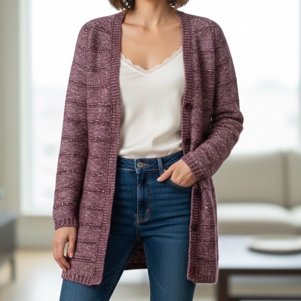 Amina Rubinacci Napoli Sequin Cotton Wool Silk Cardigan Burgundy IT 40 US 4